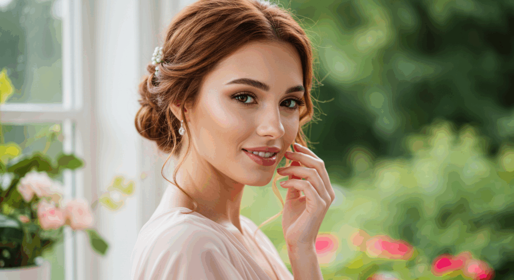 A brunette woman with an elegant updo hairstyle and natural makeup, smiling gently while standing by a window with greenery in the background.