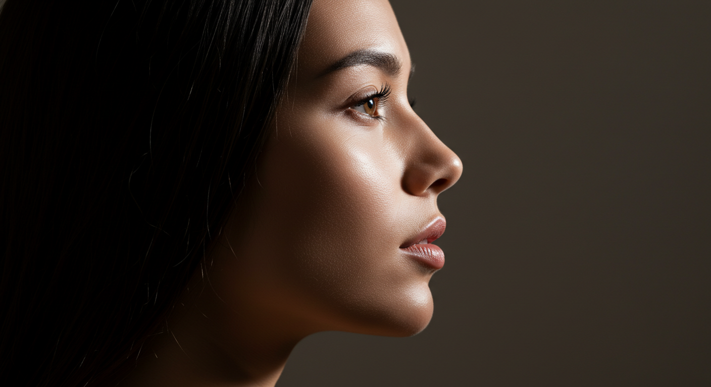 A side profile of a woman with smooth skin and defined facial features, highlighted against a dark background.