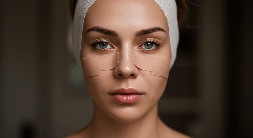 Eine junge Frau mit medizinischem Klebeband auf der Nase, die sich wahrscheinlich von einer Nasenkorrektur erholt.