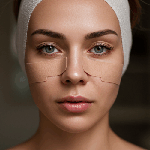 Eine junge Frau mit medizinischem Klebeband auf der Nase, die sich wahrscheinlich von einer Nasenkorrektur erholt.