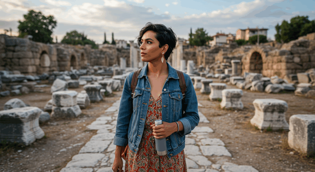 Молодая женщина с короткими тёмными волосами стоит на месте древних руин, держа в руках бутылку с водой. На ней джинсовая куртка поверх красного платья с цветочным принтом и коричневый рюкзак. Руины состоят из каменных колонн и построек, на фоне зелени и городского пейзажа.
