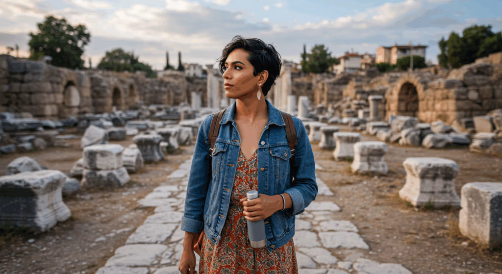 A young woman with short dark hair stands in an ancient ruin site, holding a water bottle. She is wearing a denim jacket over a red floral dress and has a brown backpack. The ruins consist of stone columns and structures, with greenery and a cityscape in the background.
