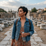 Une jeune femme aux cheveux noirs et courts se tient debout sur le site d'une ruine antique, une bouteille d'eau à la main. Elle porte une veste en jean sur une robe rouge à fleurs et un sac à dos marron. Les ruines sont constituées de colonnes et de structures en pierre, avec de la verdure et un paysage urbain en arrière-plan.