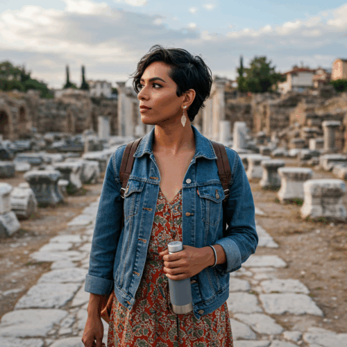 Eine junge Frau mit kurzen dunklen Haaren steht in einer antiken Ruinenstätte und hält eine Wasserflasche in der Hand. Sie trägt eine Jeansjacke über einem roten Blumenkleid und einen braunen Rucksack. Die Ruinen bestehen aus Steinsäulen und -strukturen, im Hintergrund sind Grünflächen und eine Stadtlandschaft zu sehen.