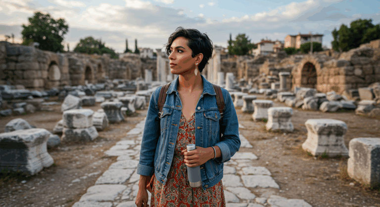 Молодая женщина с короткими тёмными волосами стоит на месте древних руин, держа в руках бутылку с водой. На ней джинсовая куртка поверх красного платья с цветочным принтом и коричневый рюкзак. Руины состоят из каменных колонн и построек, на фоне зелени и городского пейзажа.