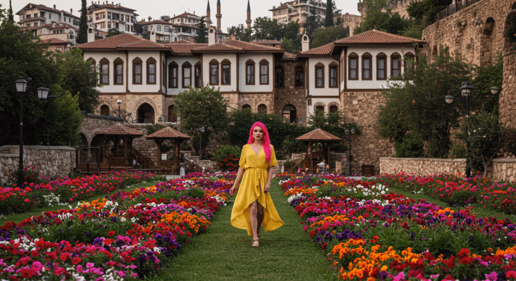 A woman in a bright yellow dress with pink hair walking through a vibrant garden filled with colorful flowers, surrounded by historic architecture with white and stone buildings, some with red-tiled roofs, and a hillside town in the background.