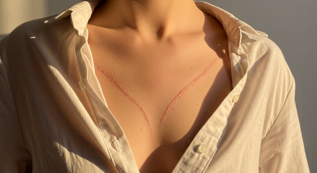 Fotografía en primer plano del pecho de una persona con una prominente cicatriz quirúrgica roja que recorre el centro verticalmente. La persona lleva una camisa blanca desabrochada, dejando ver la cicatriz. La iluminación es suave, proyectando sombras delicadas.