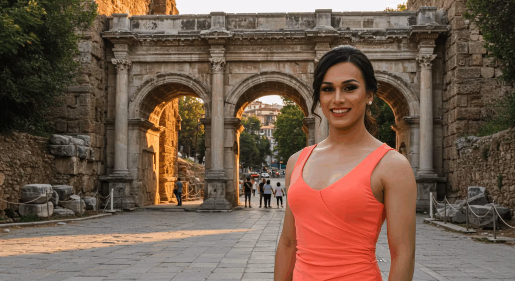A woman in a coral dress standing in front of Hadrian's Gate, an ancient Roman triumphal arch in Antalya, Turkey.