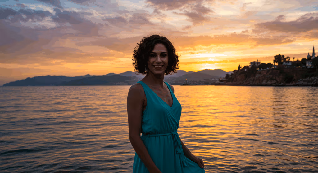 A woman in a teal dress standing by a serene body of water at sunset, with mountains and a town visible in the background.