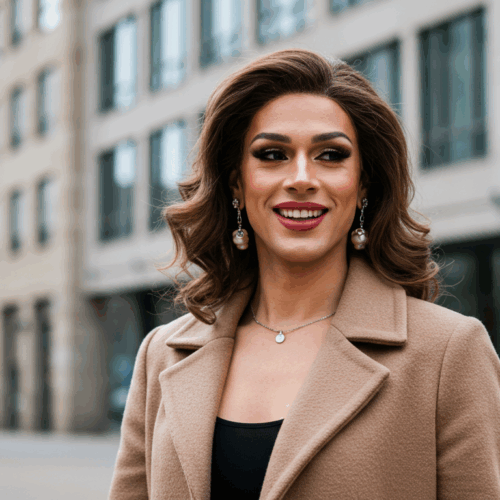 Eine selbstbewusste Frau mit gestylter Frisur und Make-up, die einen beigen Mantel und ein schwarzes Oberteil trägt und im Freien in einer städtischen Umgebung posiert.