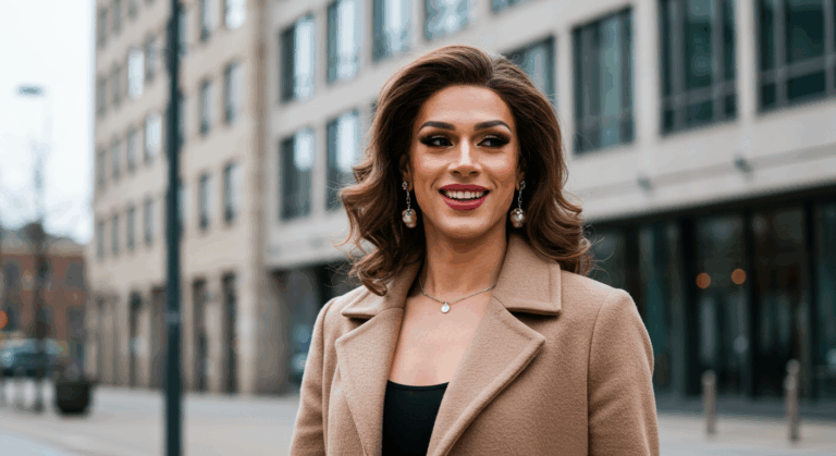 Уверенная в себе женщина с уложенной прической и макияжем, в бежевом пальто и черном топе, позирует на улице в городской обстановке.