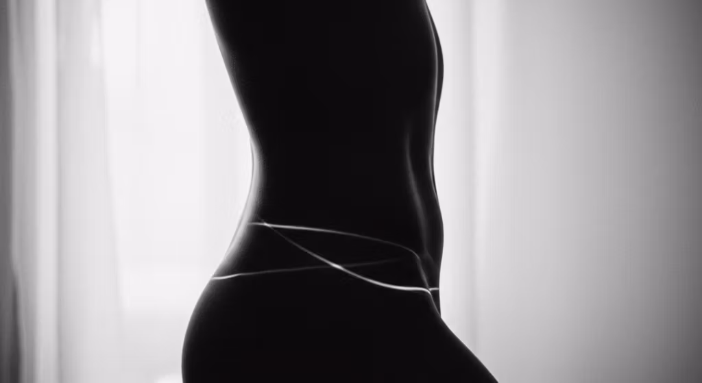 Kişinin sırtının siyah beyaz fotoğrafı, yumuşak bir ışıkla vücut hatlarını ve kıvrımlarını vurguluyor.