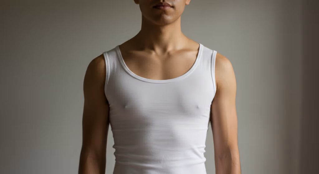 Una persona con una camiseta blanca de tirantes, fotografiada de la cintura para arriba, con expresión neutra y fondo liso.