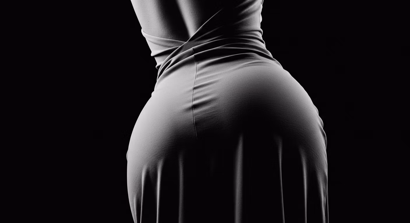 Photographie en noir et blanc du dos d'une femme, vêtue d'un tissu drapé qui accentue sa silhouette sur un fond sombre.
