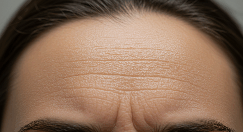 Image en gros plan du front d'une personne avec des rides horizontales visibles et de légères rides du lion entre les sourcils.