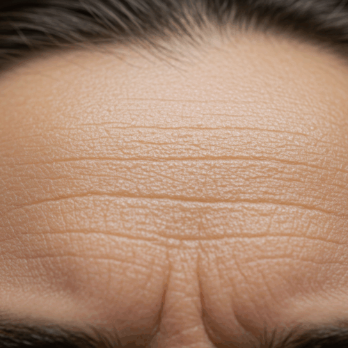 Een close-upfoto van het voorhoofd van een persoon met zichtbare horizontale rimpels en lichte fronsrimpels tussen de wenkbrauwen.