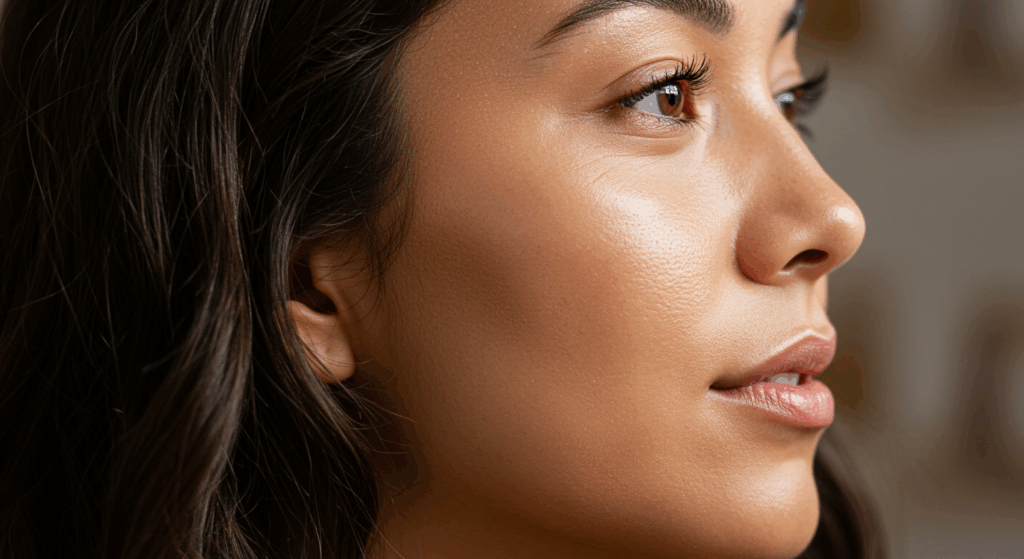 Portrait en gros plan d'une femme à la peau lisse et éclatante. Ses traits sont mis en valeur, notamment ses pommettes, son nez et ses lèvres. L'éclairage met en valeur la texture et l'éclat naturels de sa peau, créant une apparence douce et élégante.