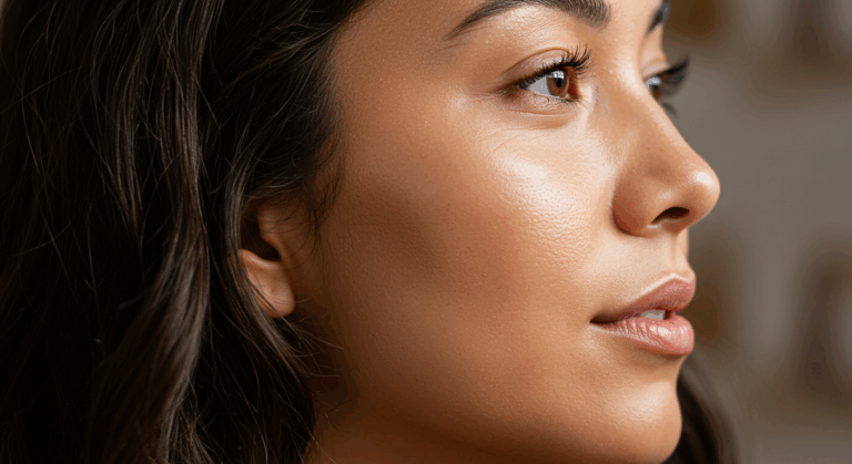 Портрет крупным планом женщины с гладкой, сияющей кожей. Черты лица подчёркнуты, с акцентом на скулы, нос и губы. Освещение подчёркивает естественную текстуру и сияние кожи, создавая мягкий и элегантный образ.