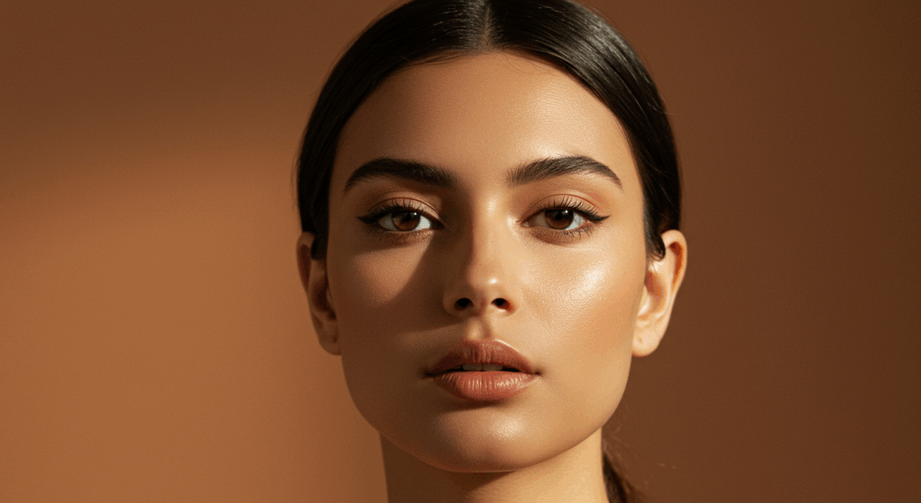 Close-upportret van een vrouw met een gladde, stralende huid, met natuurlijke make-up, tegen een warme bruine achtergrond.