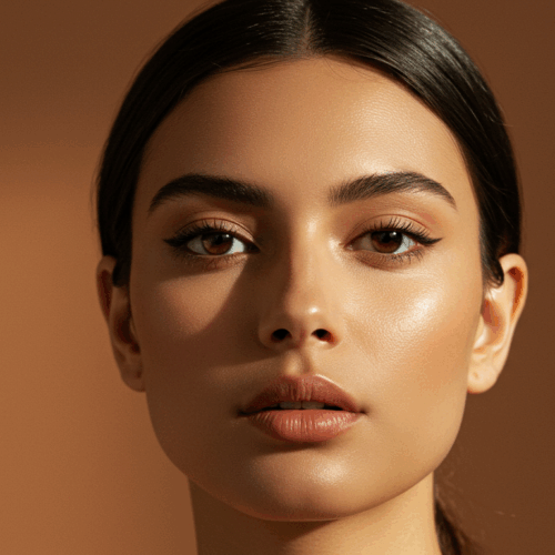 Close-upportret van een vrouw met een gladde, stralende huid, met natuurlijke make-up, tegen een warme bruine achtergrond.