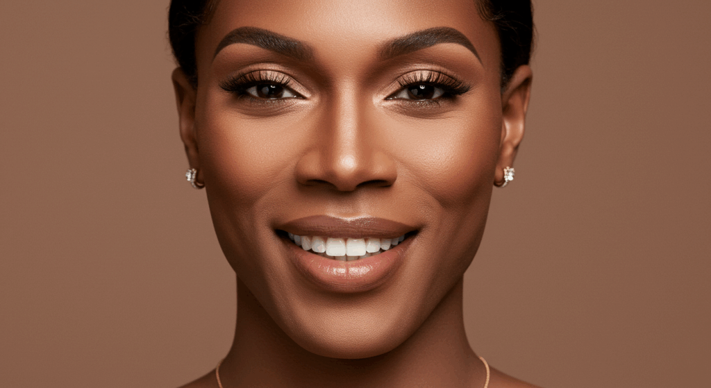 A close-up portrait of a young woman with smooth, radiant skin, smiling confidently. She has well-groomed eyebrows, long eyelashes, and is wearing subtle makeup, including lip gloss. Her hair is neatly styled, and she is wearing small diamond earrings. The background is a soft brown, complementing her skin tone.