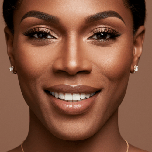 Een close-upportret van een jonge vrouw met een gladde, stralende huid, die vol zelfvertrouwen lacht. Ze heeft verzorgde wenkbrauwen, lange wimpers en draagt subtiele make-up, inclusief lipgloss. Haar haar is netjes gestyled en ze draagt kleine diamanten oorbellen. De achtergrond is zachtbruin, wat haar huidskleur goed accentueert.