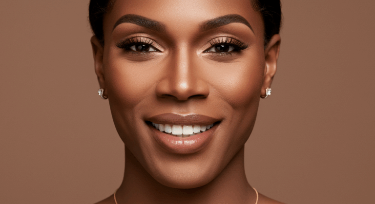 Pürüzsüz ve ışıltılı bir cilde sahip, kendinden emin bir şekilde gülümseyen genç bir kadının yakın çekim portresi. Bakımlı kaşları, uzun kirpikleri ve dudak parlatıcısı da dahil olmak üzere sade bir makyajı var. Saçları özenle şekillendirilmiş ve küçük elmas küpeler takıyor. Arka plan, ten rengini tamamlayan yumuşak bir kahverengi.