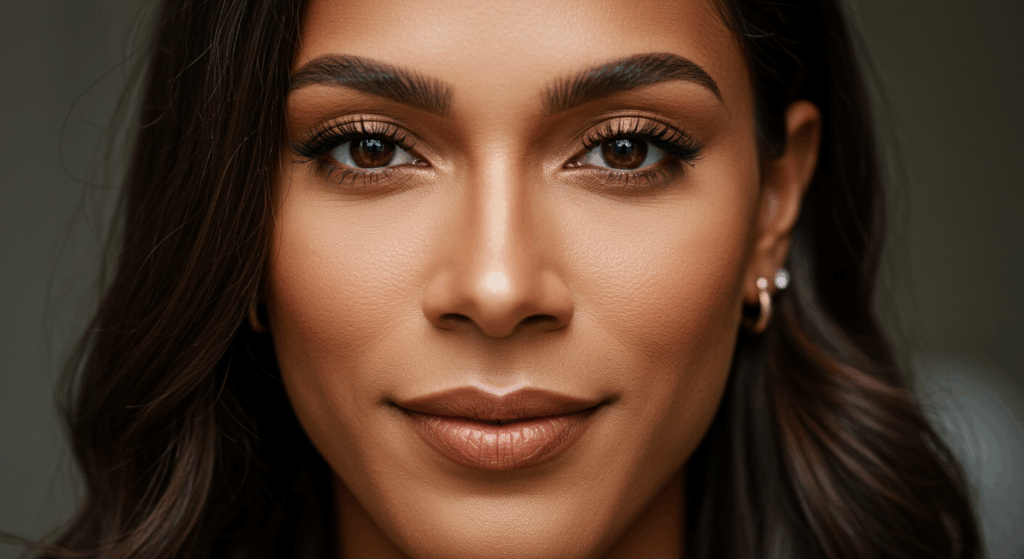 A close-up portrait of a woman with smooth skin, defined eyebrows, and subtle makeup, wearing a gold hoop earring in her left ear.