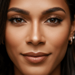 A close-up portrait of a woman with smooth skin, defined eyebrows, and subtle makeup, wearing a gold hoop earring in her left ear.