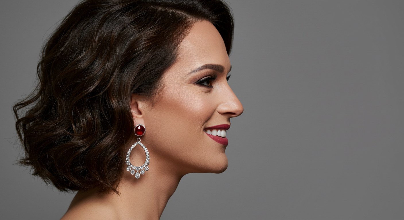 Una donna sorridente con i capelli corti e ondulati, che indossa un rossetto rosso ed eleganti orecchini pendenti con una pietra preziosa rossa e dettagli di diamanti.