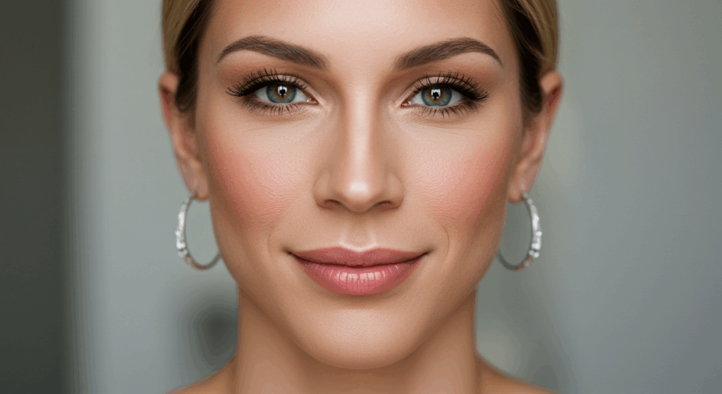 A close-up portrait of a woman with light brown hair, green eyes, and a warm smile, wearing hoop earrings.