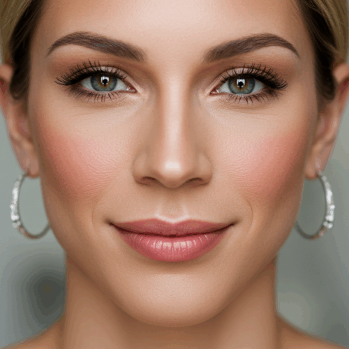 Ein Nahaufnahmeporträt einer Frau mit hellbraunem Haar, grünen Augen und einem warmen Lächeln, die Creolen trägt.