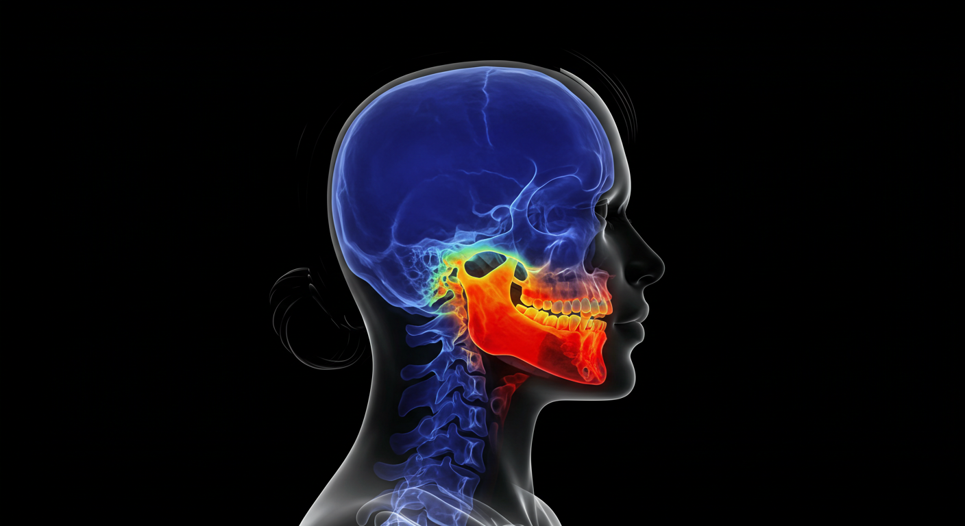 X-ray illustration of a human skull with highlighted jaw area, showing the temporomandibular joint (TMJ) and surrounding structures.