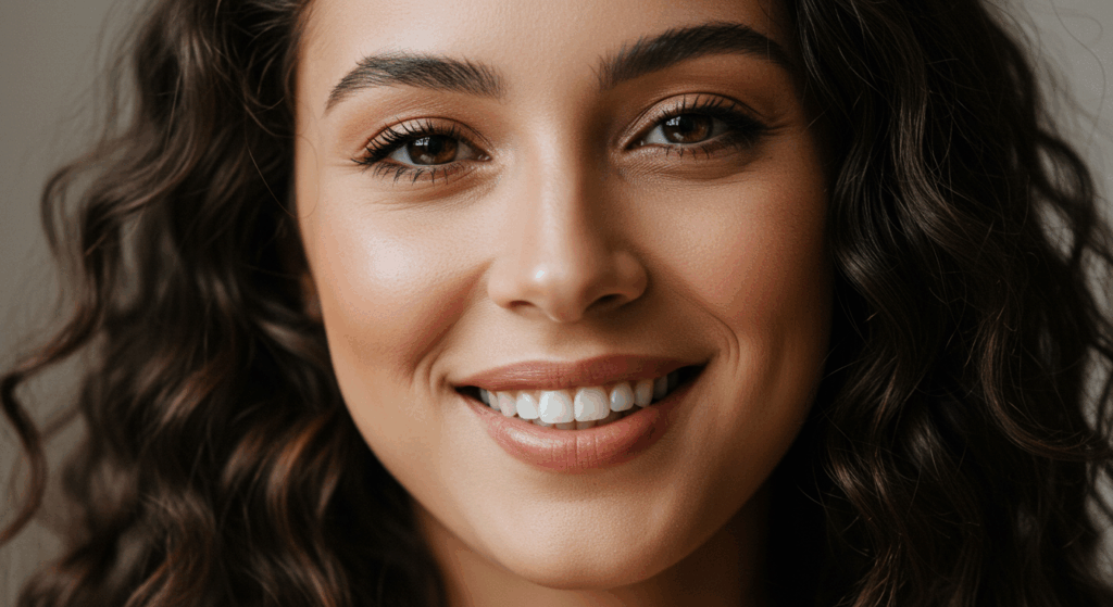Retrato en primer plano de una mujer con cabello castaño rizado sonriendo a la cámara.