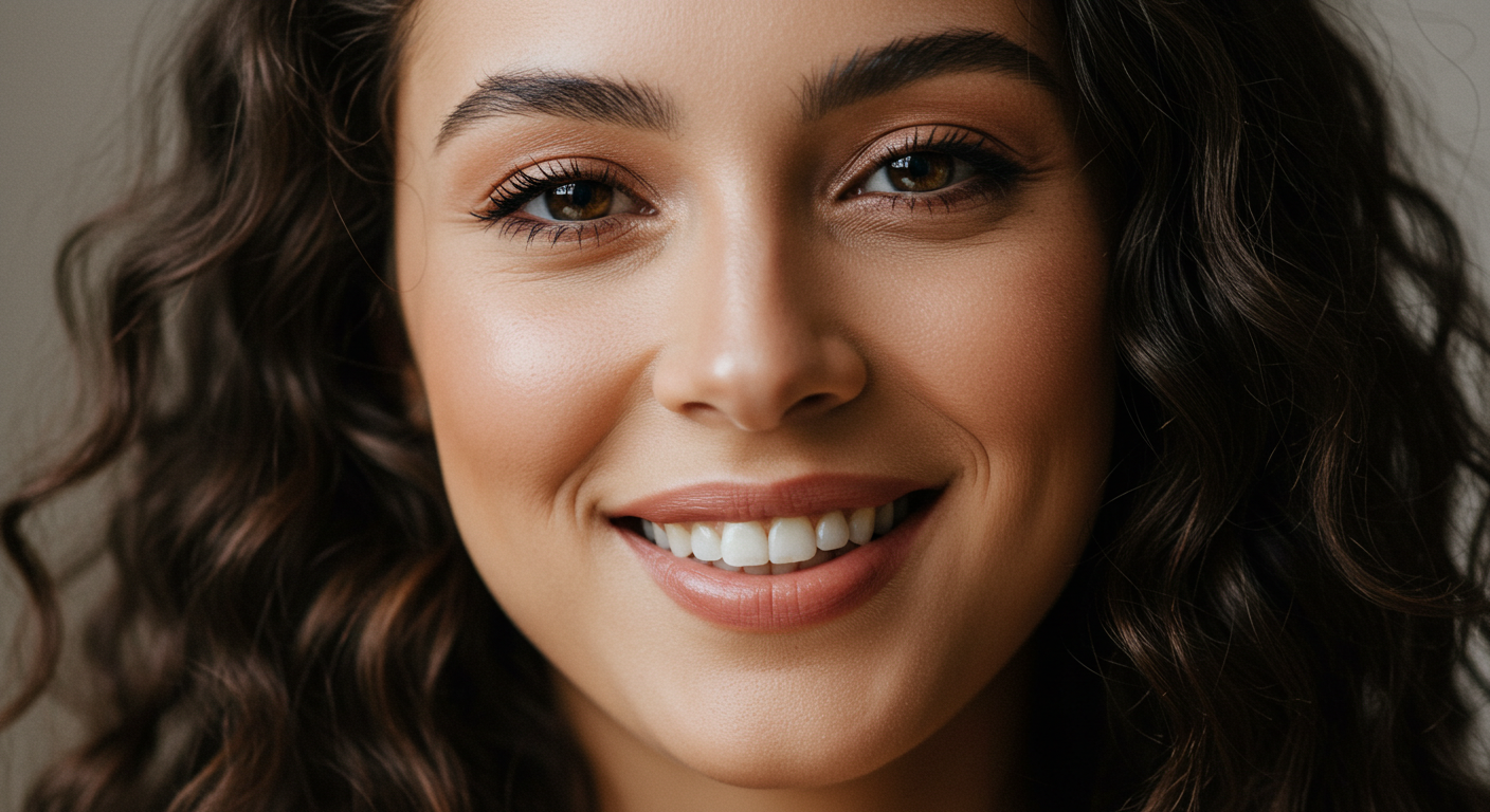 Close-up portrait of a woman with curly brown hair smiling at the camera.