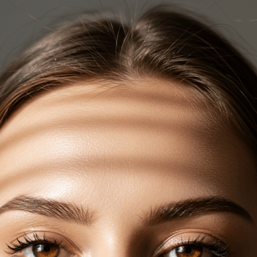 Photographie en gros plan du front et des sourcils d'une personne. L'image met en valeur la peau lisse du front, avec de subtiles ombres horizontales projetées par l'éclairage zénithal. Les sourcils sont bien dessinés et les yeux sont partiellement visibles, laissant apparaître de longs cils et une légère teinte de couleur. L'éclairage crée un effet doux et lumineux sur la peau.