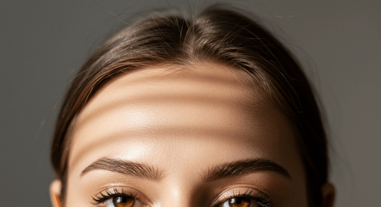 Bir kişinin alnının ve kaşlarının yakın çekim fotoğrafı. Görüntü, alnın pürüzsüz cildine odaklanıyor ve yukarıdan gelen ışıkla oluşan hafif yatay gölgeler göze çarpıyor. Kaşlar belirgin ve kişinin gözleri kısmen görülebiliyor; uzun kirpikler ve hafif bir göz rengi tonu göze çarpıyor. Işıklandırma, ciltte yumuşak ve parlak bir etki yaratıyor.