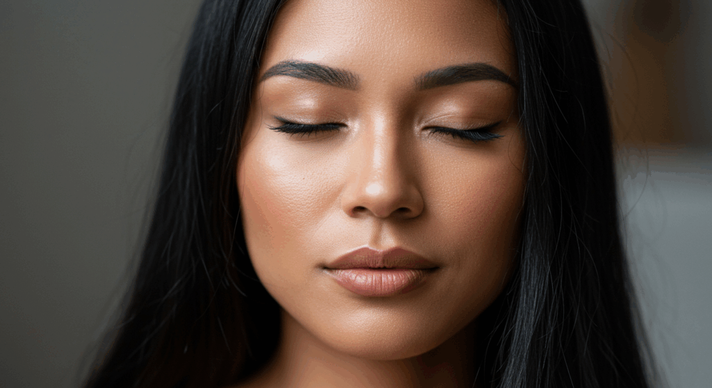 Retrato en primer plano de una mujer de piel suave y cabello largo y oscuro, que muestra una expresión serena con los ojos cerrados.