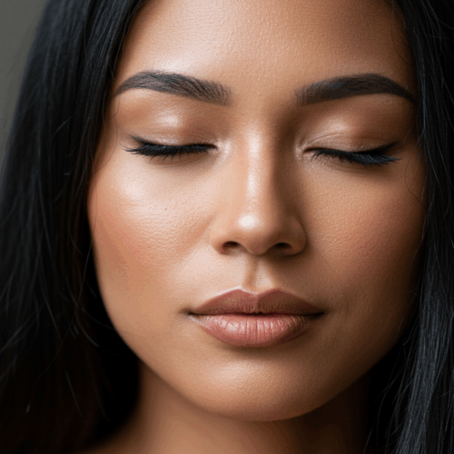 Portrait en gros plan d'une femme à la peau lisse et aux longs cheveux noirs, présentant une expression sereine avec les yeux fermés.