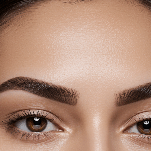 Gros plan sur le visage d'une femme, mettant l'accent sur ses sourcils et son front. L'image met en valeur ses sourcils foncés et soignés, ainsi que sa peau lisse et nette. L'éclairage est doux, soulignant la beauté naturelle et les traits du visage.