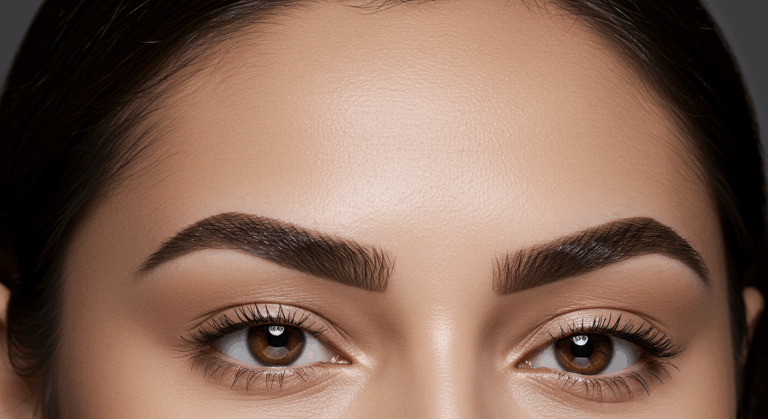 Bir kadının yüzünün yakın çekim fotoğrafı, kaşlarına ve alnına odaklanıyor. Fotoğraf, bakımlı, koyu renkli kaşlarını ve pürüzsüz, berrak tenini vurguluyor. Yumuşak ışıklandırma, doğal güzelliği ve yüz hatlarını vurguluyor.