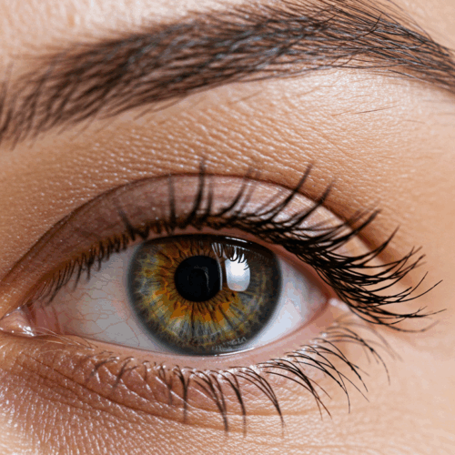 Photographie en gros plan d'un œil humain aux longs cils et à l'iris vert noisette bien visible. L'image met en valeur les détails délicats de la paupière, des cils et de l'iris, mettant en valeur la texture et la couleur de l'œil.