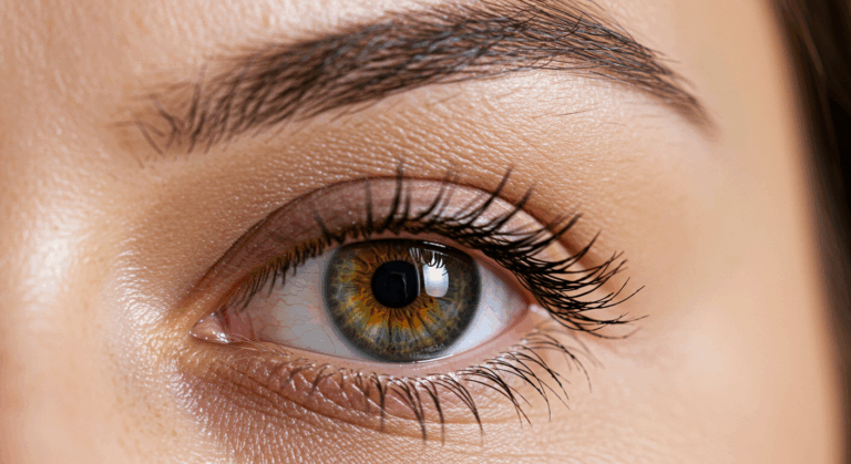 Uzun kirpikleri ve yeşil-ela irisi olan bir insan gözünün yakın çekim fotoğrafı. Fotoğraf, göz kapağı, kirpikler ve irisin hassas detaylarına odaklanarak gözün dokusunu ve rengini vurguluyor.