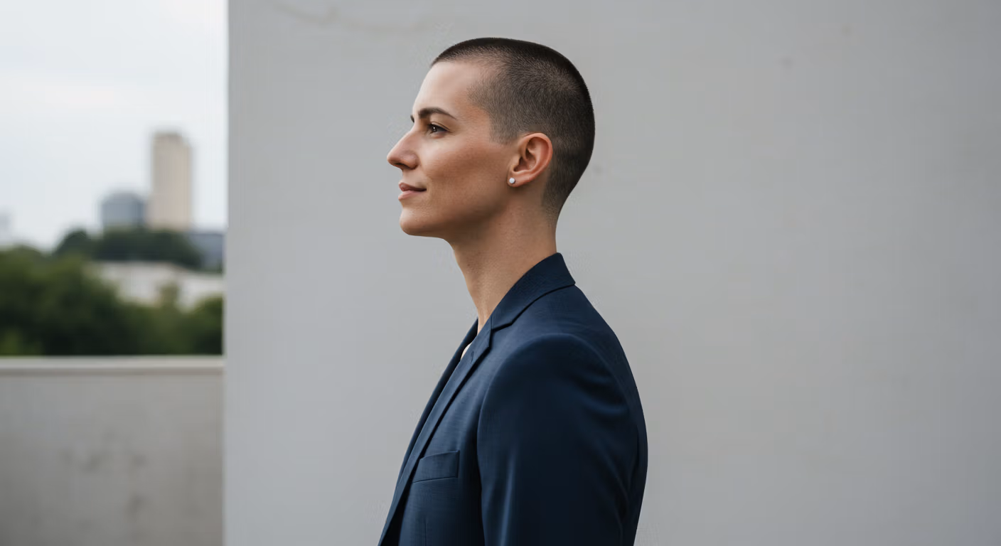 Una persona con cabello corto, vistiendo un blazer azul oscuro, de pie sobre un fondo de color claro, mirando hacia un lado con una leve sonrisa.