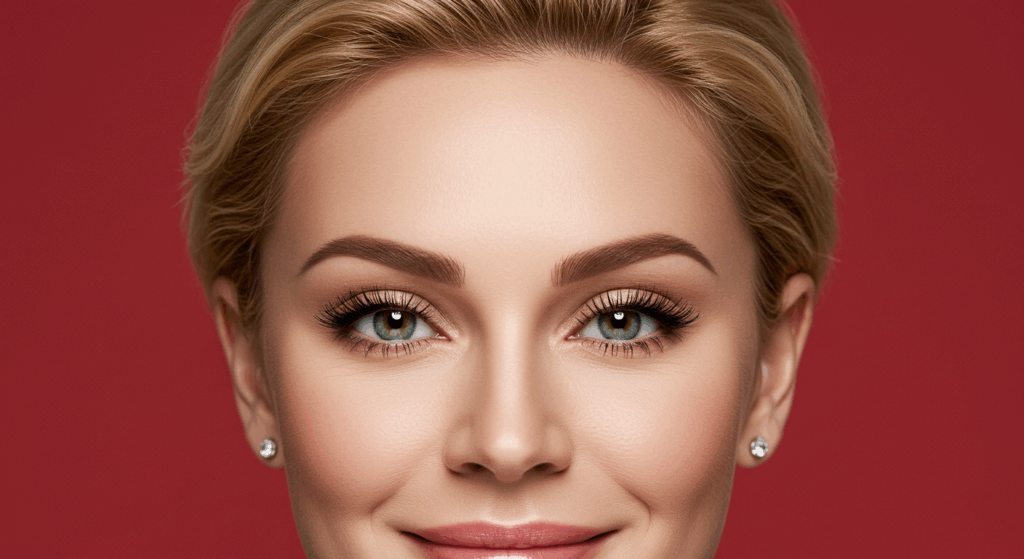 A close-up portrait of a woman with blonde hair, green eyes, and light makeup, set against a solid red background.
