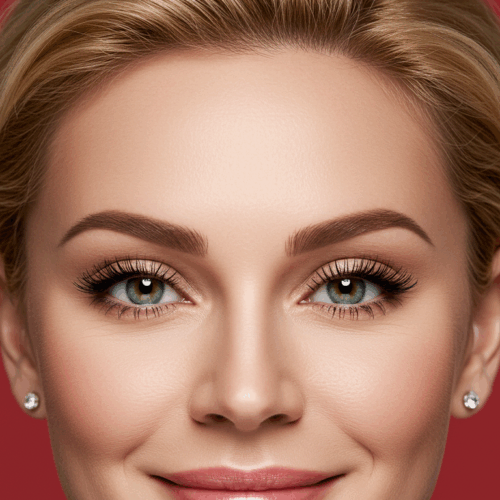 Een close-upportret van een vrouw met blond haar, groene ogen en lichte make-up, tegen een effen rode achtergrond.