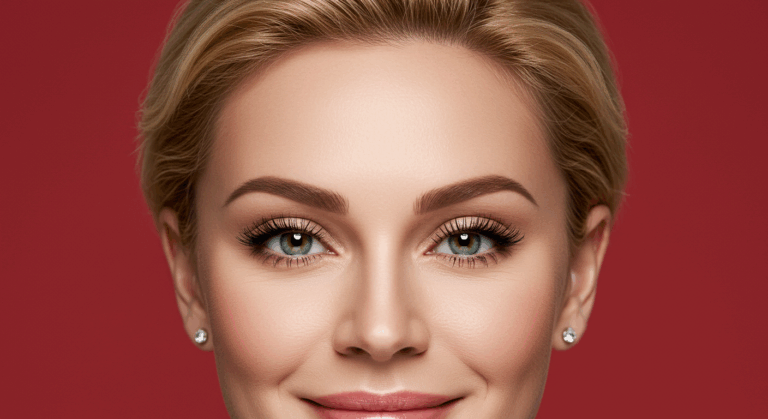 Sarı saçlı, yeşil gözlü ve hafif makyajlı bir kadının, düz kırmızı bir arka plan önünde yakın çekim portresi.