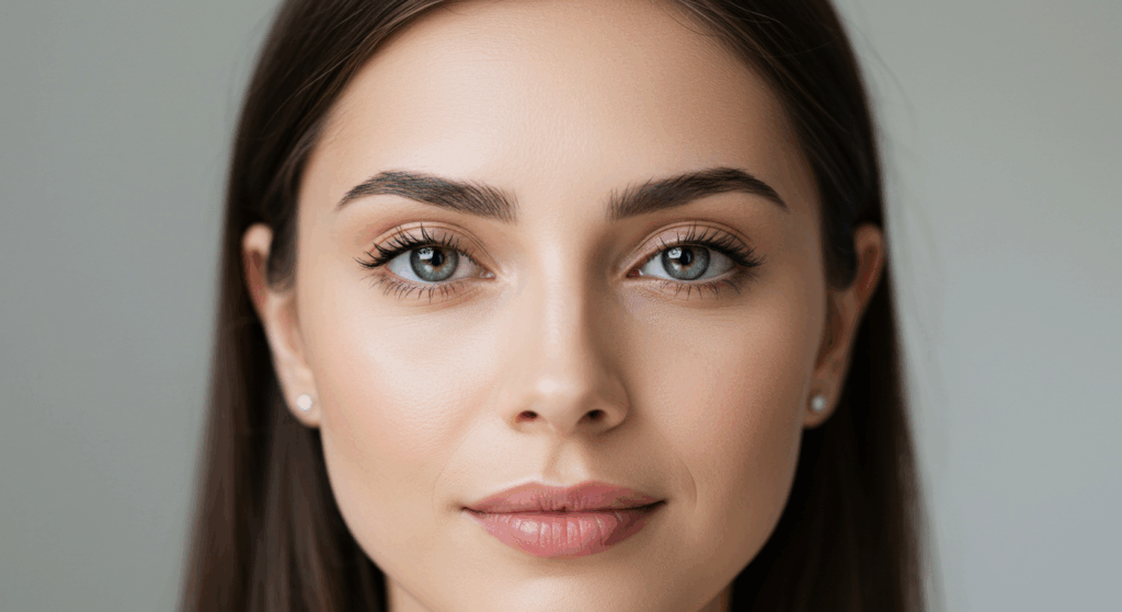 Close-up portrait of a woman with light brown skin, green eyes, and straight dark hair. She has minimal makeup, emphasizing natural beauty.