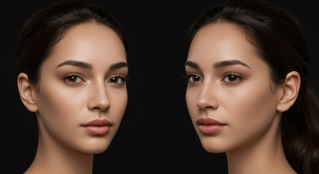 Photos avant et après montrant les résultats d'une chirurgie naturelle de féminisation du visage (FFS), illustrant la transformation esthétique possible avec des procédures en Corée ou en Turquie.