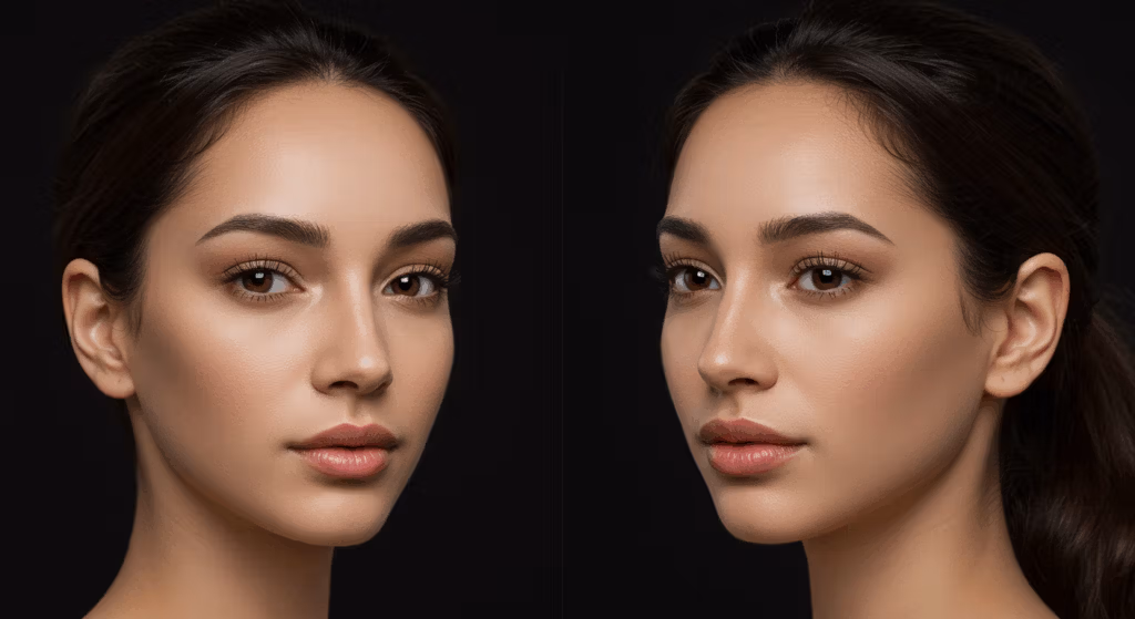 Kore veya Türkiye'de yapılan işlemlerle mümkün olan estetik dönüşümü gösteren doğal yüz feminizasyon cerrahisi (FFS) sonuçlarını gösteren öncesi ve sonrası fotoğrafları.